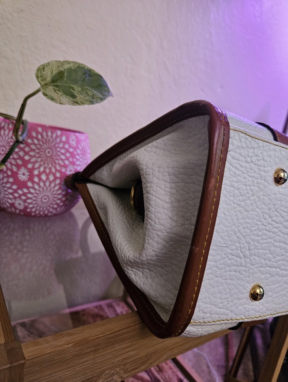 M. C. Pebbled Two-Tone Leather Bag in White and Brown - Picture 12 of 15